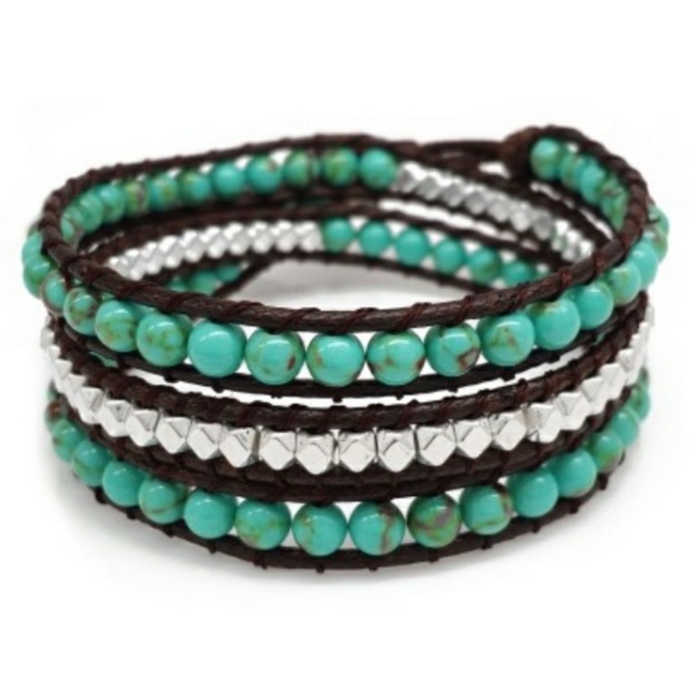Katie Soleil Handmade Wrap Bracelet - brown cording w/ silver & turquoise beads